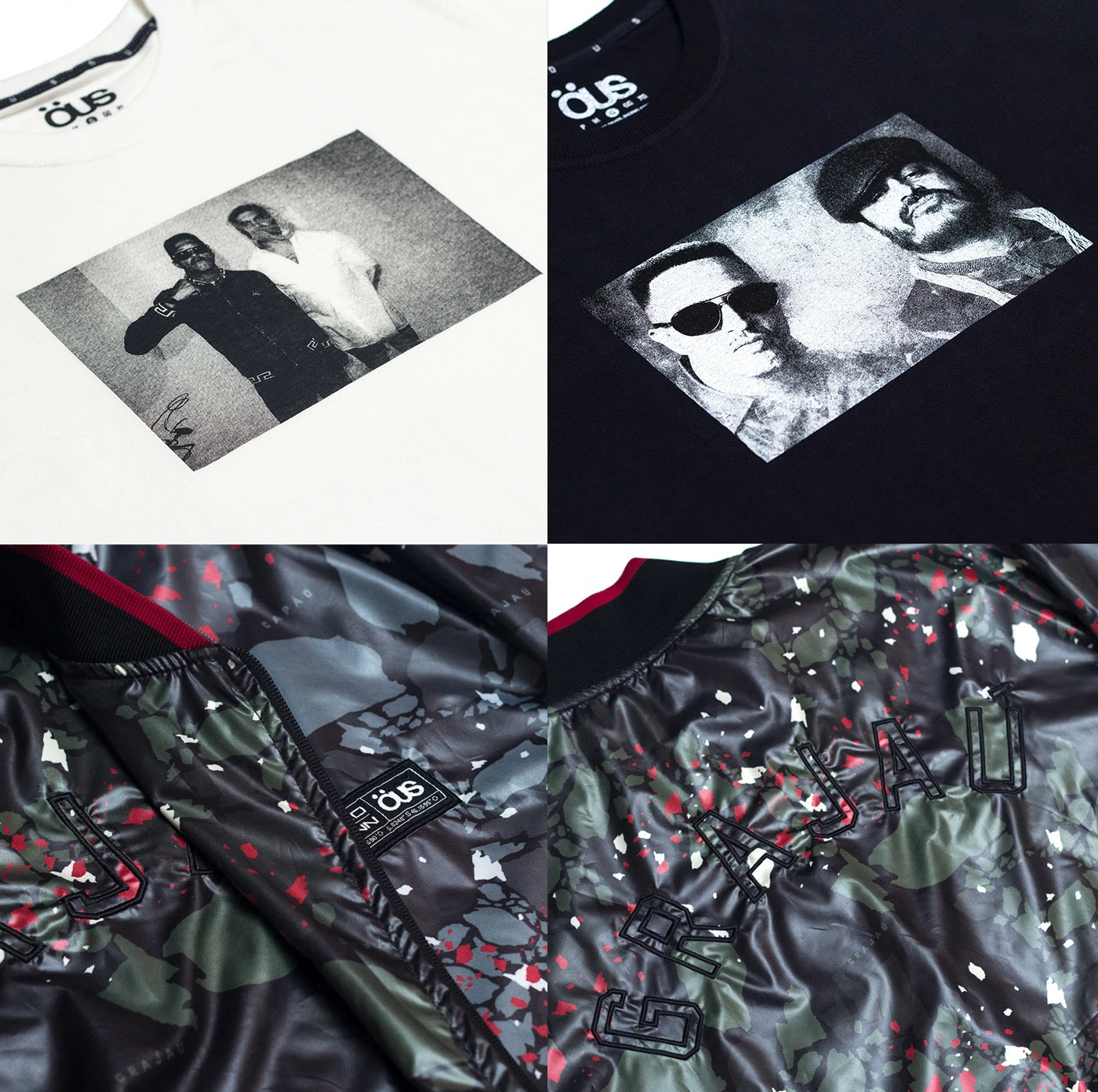 Four detail shots of collection T-shirts and a printed jacket.
