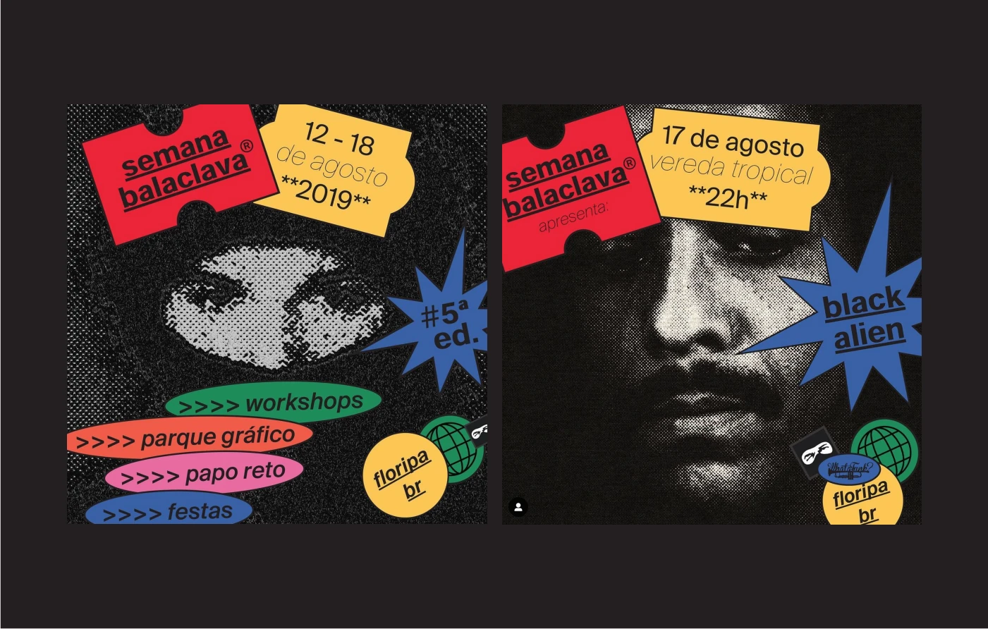 Two Semana Balaclava 2019 posters for the fifth edition, listing workshops, a graphic fair and parties.