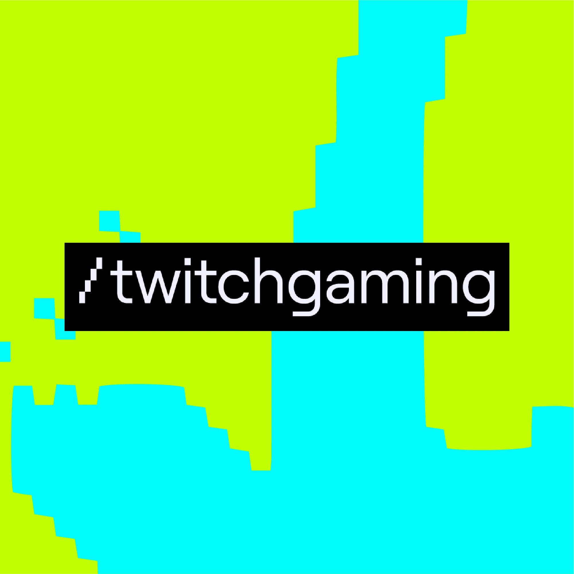 The /twitchgaming logo in white on black over a pixelated cyan and lime graphic.